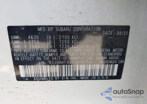 2023 Subaru Legacy Premium из США, поврежденный, VIN 4S3BWAF62P3016704